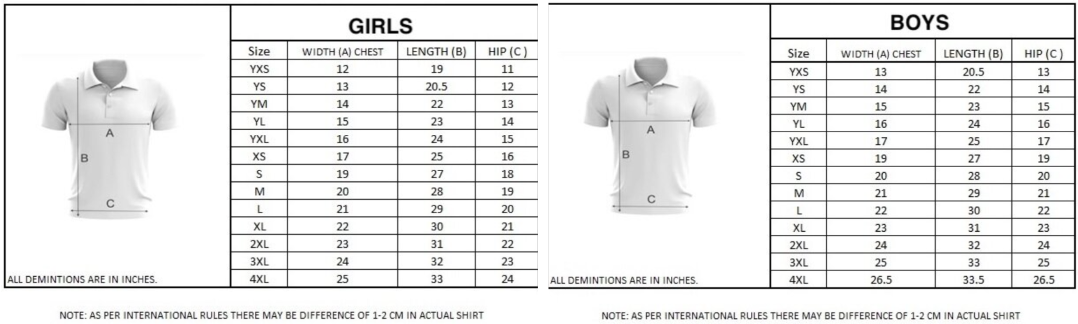 T-shirt Size Dimensions